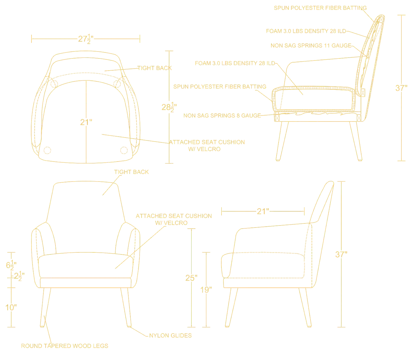 A Trend shop drawing for a lounge chair: plan, side and front views with dimensions and foam call-outs